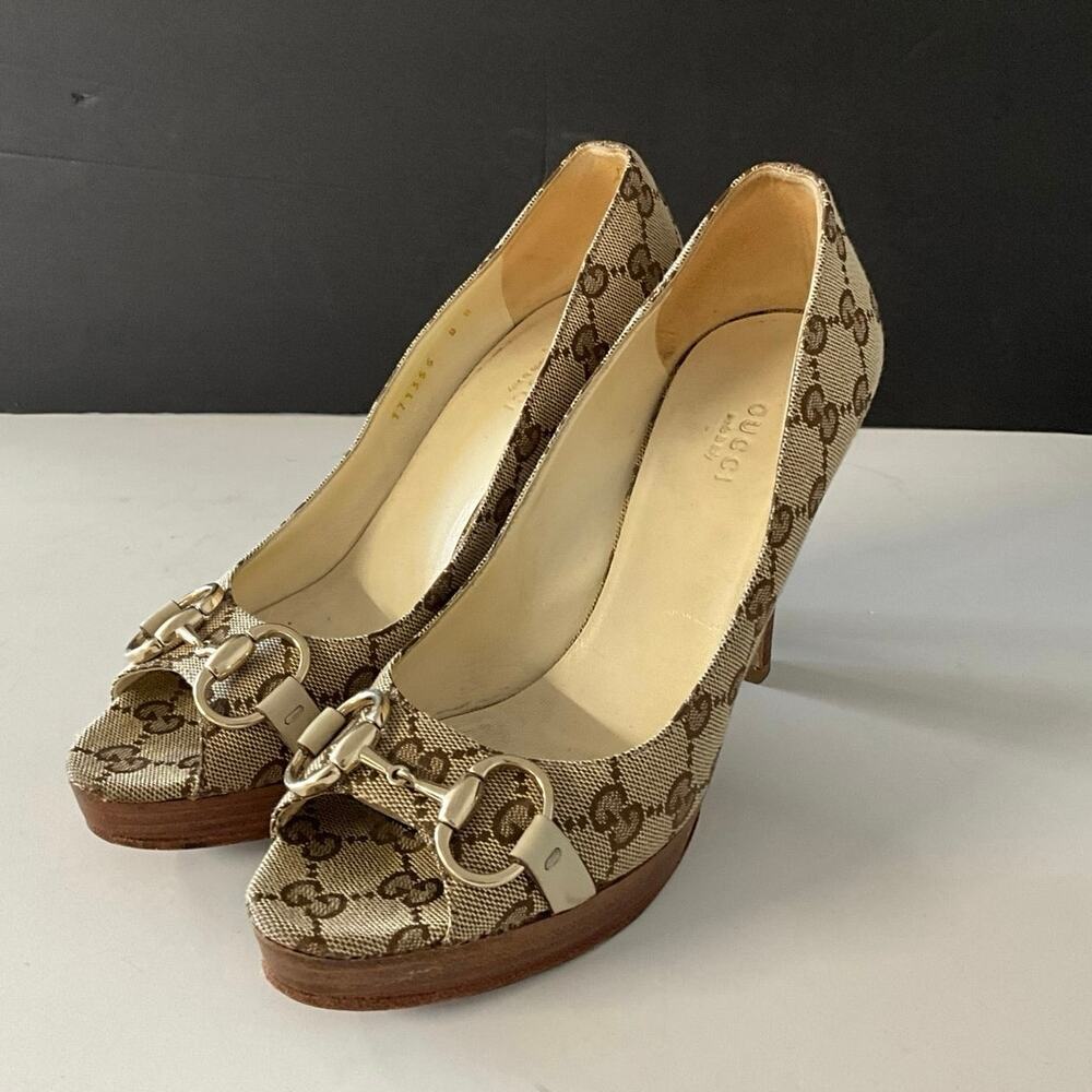 GUCCI  Horsebit Canvas Peep-Toe Pumps refurbished SOLE